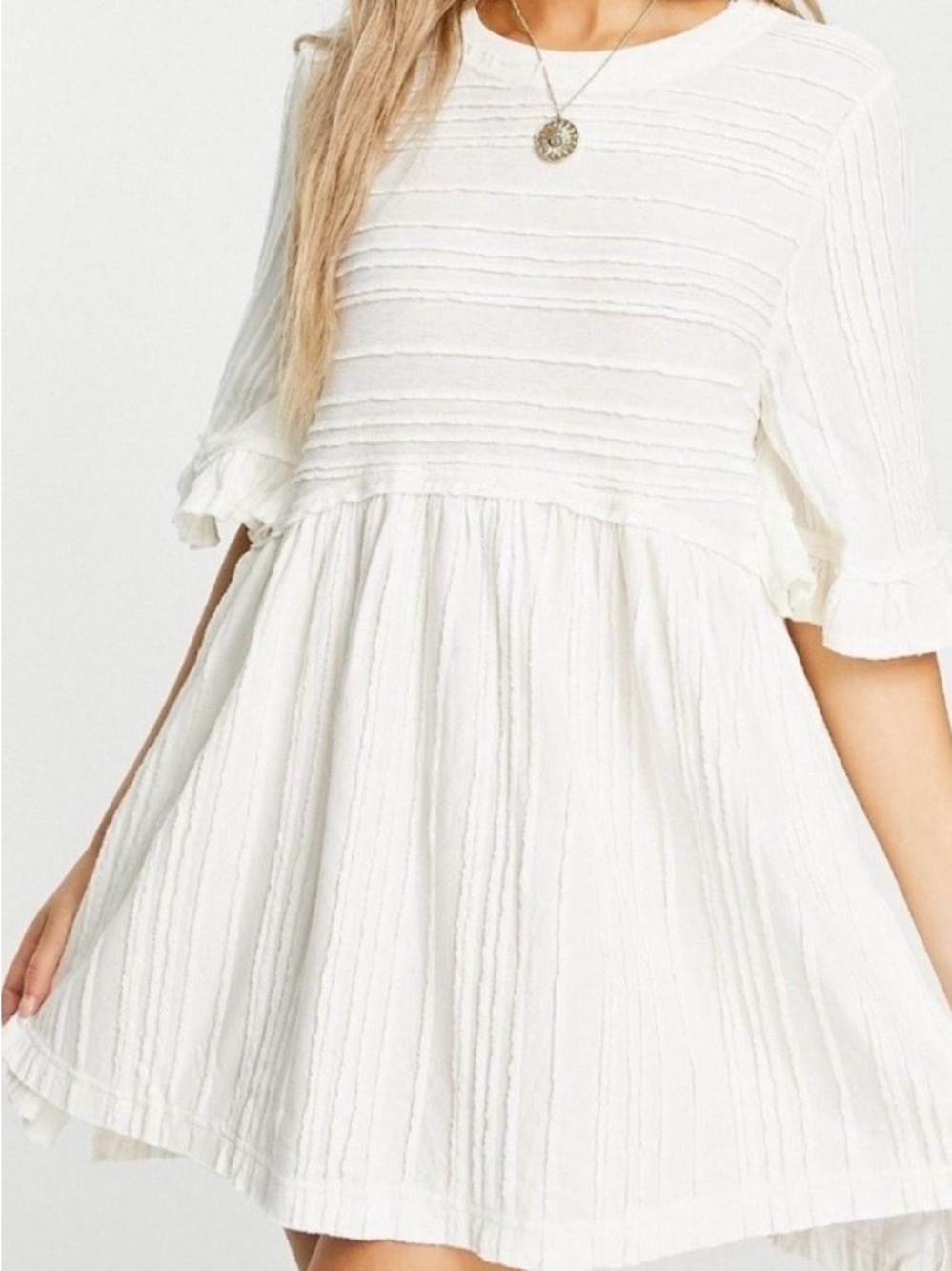 Free People * Take a spin Ivory Ribbed Textured babydoll dress